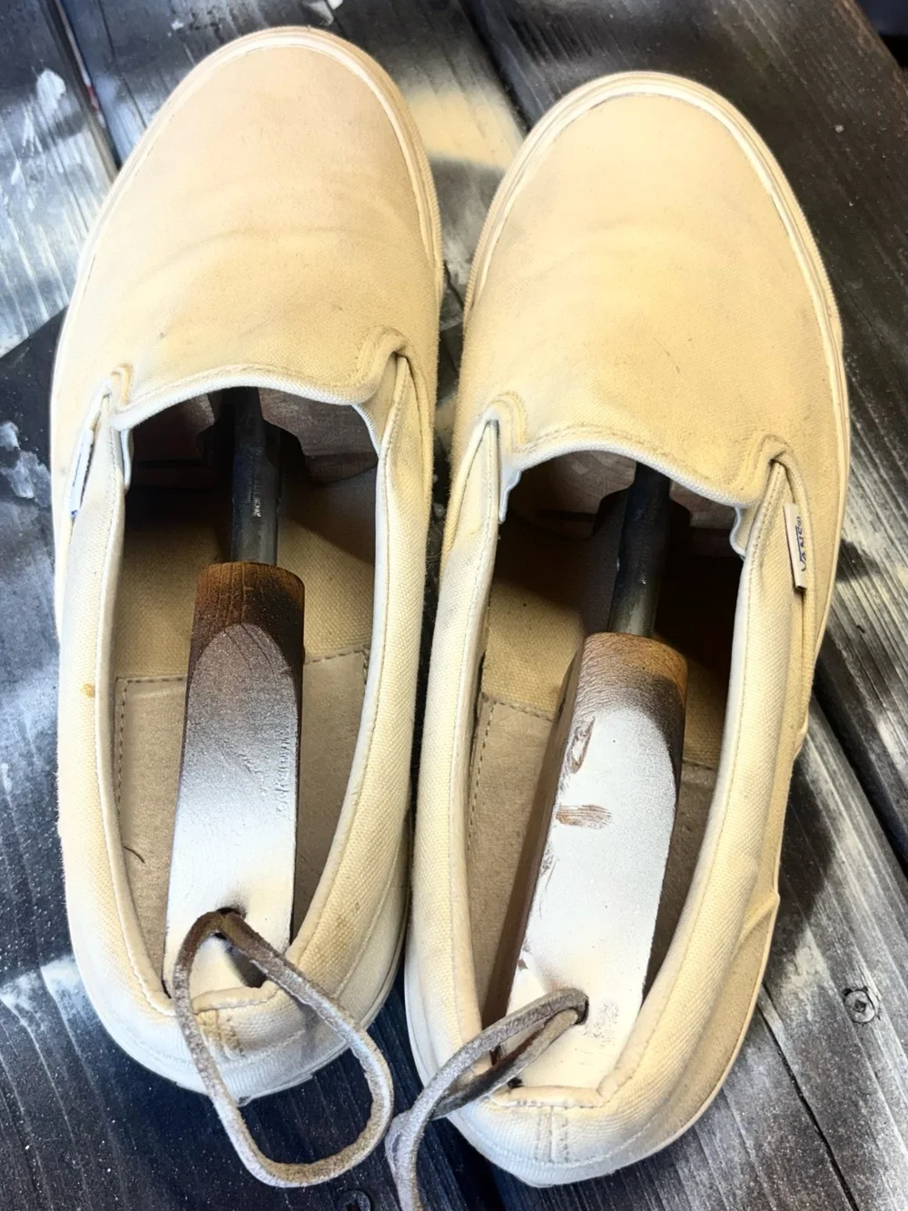 Vans Slip OnsCream & tan canvas slip-on sneakers minimalist size 11.5 good stats